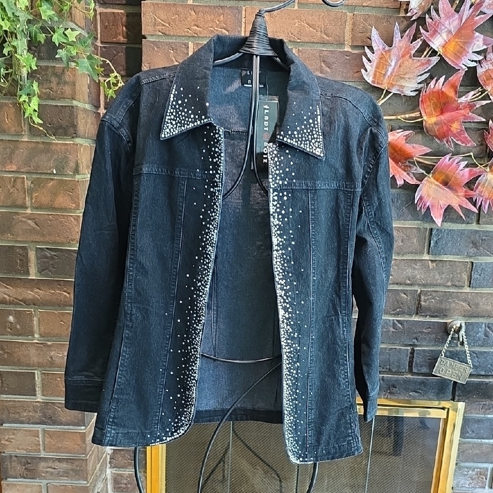 Lady Noiz - Black Denim Open Jacket with Silver Rhinestone Details